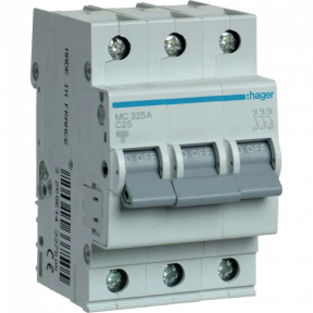 Автоматичний вимикач Hager In=25 А, 3п, С, 6 kA, 3м MC325A купити