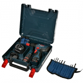 Bosch GSR 120-LI (06019G8002) Аккумуляторный шуруповерт + 2 акб 2.0 Ah + ЗУ + набор бит 11 шт. + набор сверл 12 шт. фото