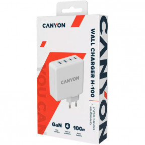Сетевое зарядное устройство Canyon H-100 GaN 2xUSB-C, 2xUSB-A, PD3.0, QC3.0, 100W White (CND-CHA100W01) в Украине