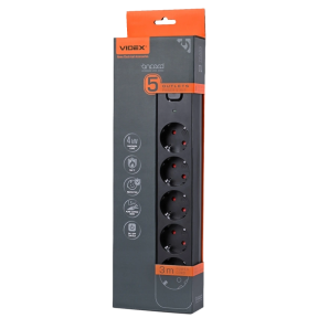 VIDEX ONCORD з/з 5п 3м (3x1.5мм) Black - Сетевой удлинитель с кнопкой купить