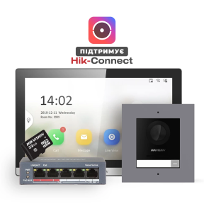 Hikvision DS-KH6350-TE1 + DS-KD8003-IME1(B)/Flush + DS-3E1105P-EI + HS-TF-P1/32G - Комплект домофонії купити