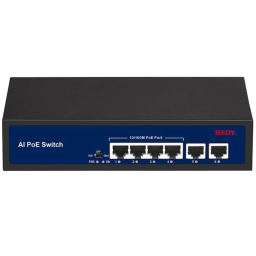 Hedy HN4H2-48-V2 – Некерований PoE-комутатор (6 портів, 4xPoE 48W, 2xUplink, Watchdog, Extend 250m)
