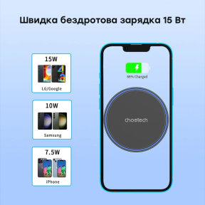 Автомобільний зарядний пристрій Choetech T205-F Black (бездротова зарядка 15W, магнітне кріплення, USB-C) в Україні