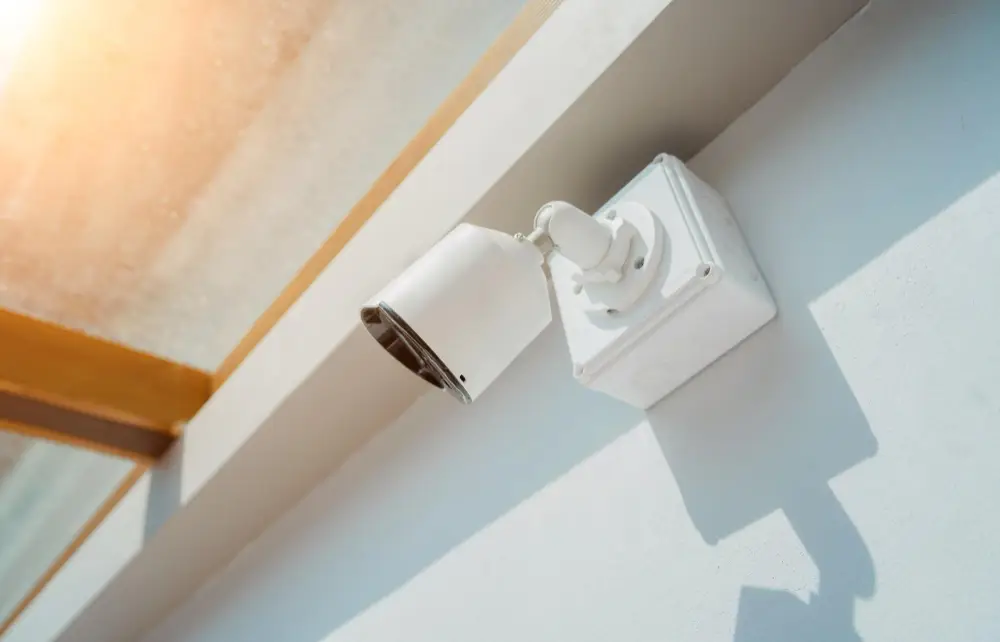 Біла поворотна Wi-Fi камера відеоспостереження з ІЧ-підсвіткою, встановлена під дахом будинку на монтажній коробці