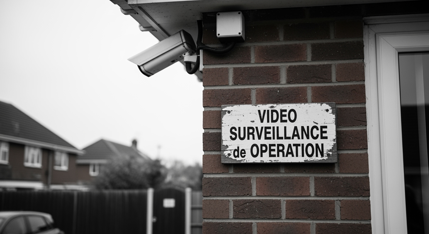 Камера відеоспостереження на цегляній стіні, табличка "Video Surveillance de Operation", будинки та дорога на тлі, чорно-білий стиль