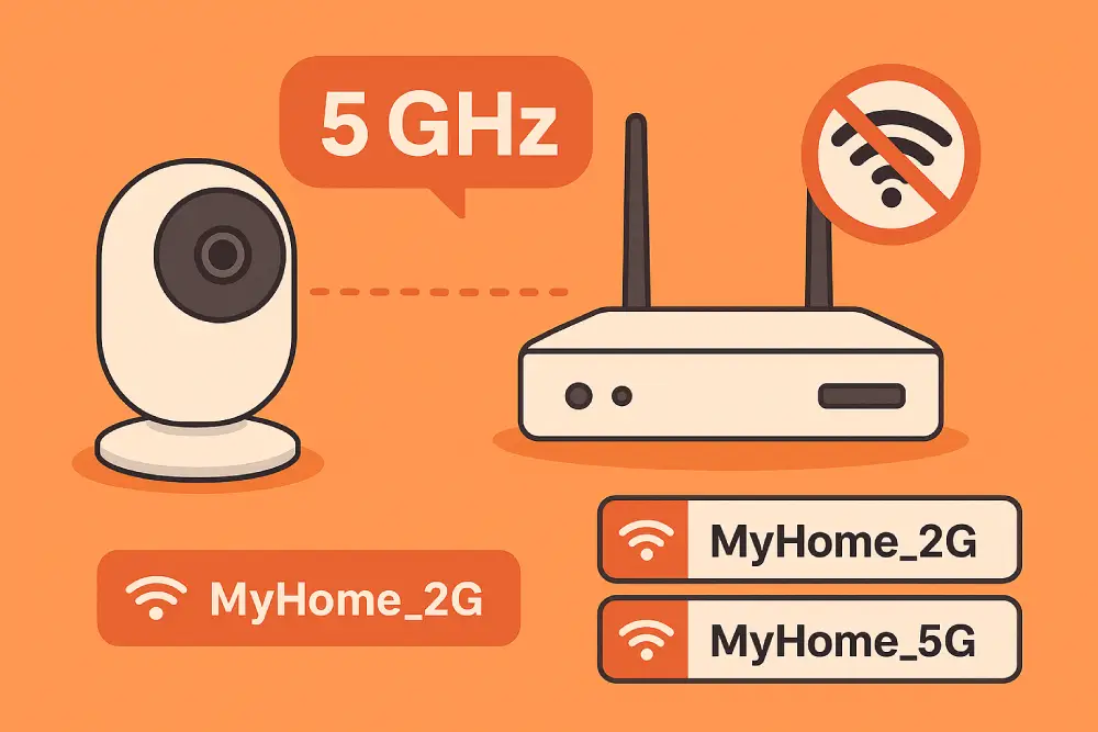 Ілюстрація помилки підключення: Wi-Fi камера підтримує лише 2.4 ГГц, але намагається підключитися до мережі 5 ГГц. Зображено камеру, яка намагається з'єднатися з роутером (антени перекреслені), та спливаюче повідомлення "5 ГГц". Нижче вказані доступні мережі MyHome_2G та MyHome_5G, що підкреслює проблему несумісності частот.