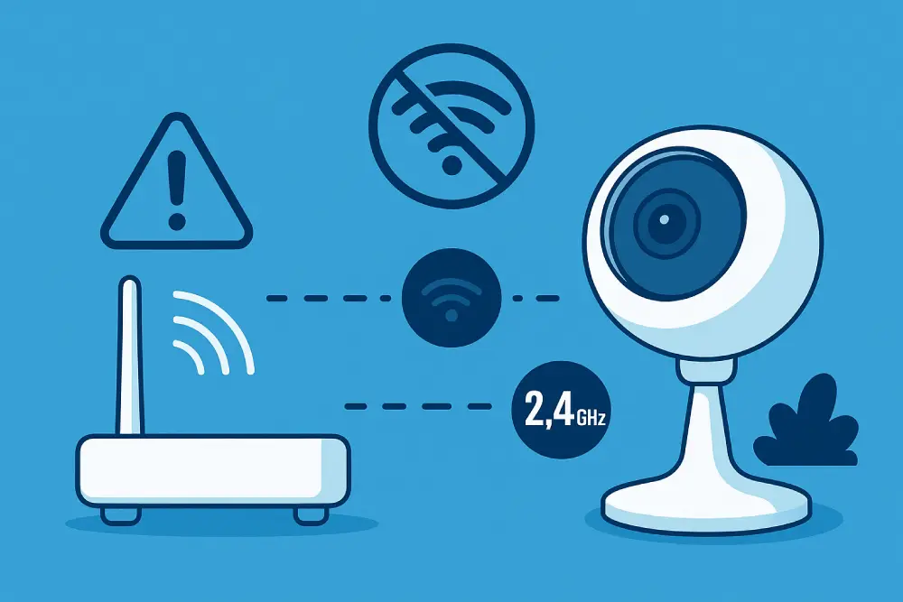 Ілюстрація: Помилка підключення Wi-Fi камери через слабкий сигнал 2.4 ГГц або велику відстань. Зображено роутер із низьким рівнем сигналу (знак оклику), Wi-Fi камеру з позначкою "2.4 ГГц" і перекреслений значок Wi-Fi, що вказує на відсутність з'єднання.