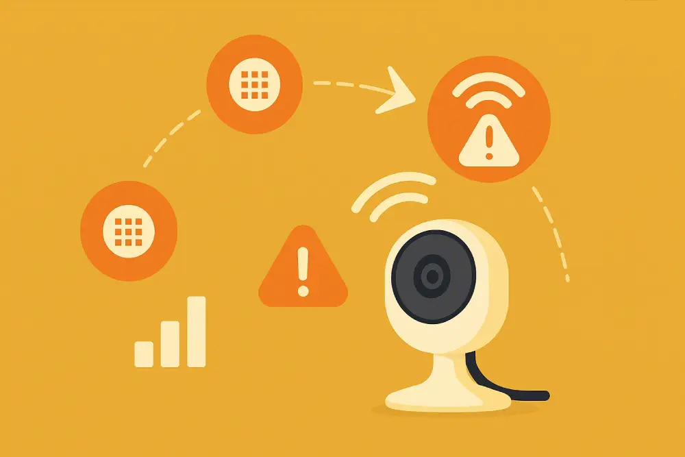 Ілюстрація: Проблема Wi-Fi роумінгу Mesh-мережі, що викликає помилку підключення камери. Зображено IP-камеру, низький рівень сигналу (вертикальні смуги) та знак оклику. Пунктирна лінія показує, як камера перемикається між точками доступу (значки сітки), що закінчується помилкою з'єднання (значок Wi-Fi зі знаком оклику).