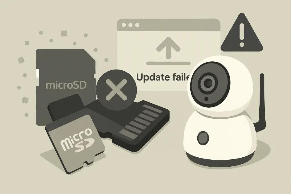 Ілюстрація: Проблеми Wi-Fi камери, викликані встановленою microSD-картою. Зображено IP-камеру поруч із великим знаком оклику та спливаючим вікном "Update failed" (Оновлення не вдалося). На передньому плані видно кілька карт microSD зі знаком червоного хреста, що символізує їхню причетність до помилок, зависання або блокування налаштування.