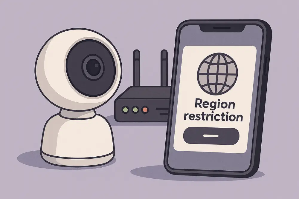 Ілюстрація: Помилка підключення Wi-Fi камери через регіональні обмеження або несумісність із хмарним сервісом. Зображено IP-камеру та маршрутизатор, а на екрані смартфона відображається повідомлення "Region restriction" (Регіональне обмеження) із символом глобуса.