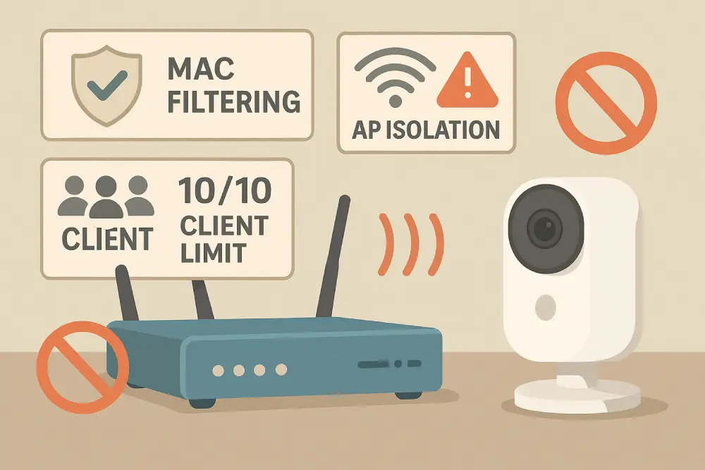 Ілюстрація: Проблема підключення Wi-Fi камери через обмеження роутера. Зображено роутер зі значком замка (що символізує MAC-фільтр або обмеження клієнтів) та IP-камеру, підключення якої заблоковано. Також є значок, що вказує на ізоляцію мережі/клієнтів.