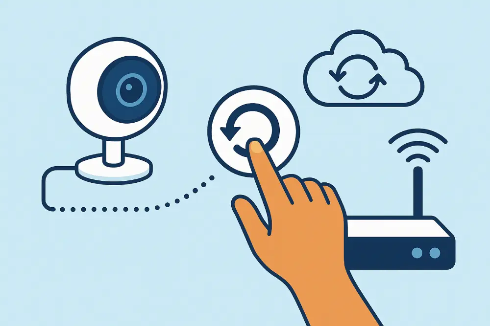 Камера не скинута до заводських налаштувань. Рука натискає кнопку оновлення/скидання, що символізує необхідність скинути налаштування Wi-Fi камери, підключеної до маршрутизатора та хмари, як типову помилку при першому підключенні.