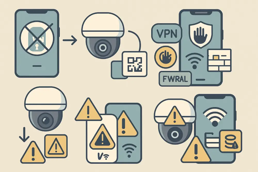 Ілюстрація: Помилки налаштування Wi-Fi камери, викликані смартфоном. Зображено чотири сценарії: 1) Телефон із заблокованим інтернетом/мережею, який намагається підключити камеру через QR-код. 2) Телефон із активними VPN, фаєрволом (FW) та іншими обмеженнями безпеки, що блокують з'єднання. 3) Невдала спроба підключення (знаки оклику). 4) Загальна помилка з'єднання між камерою та смартфоном.