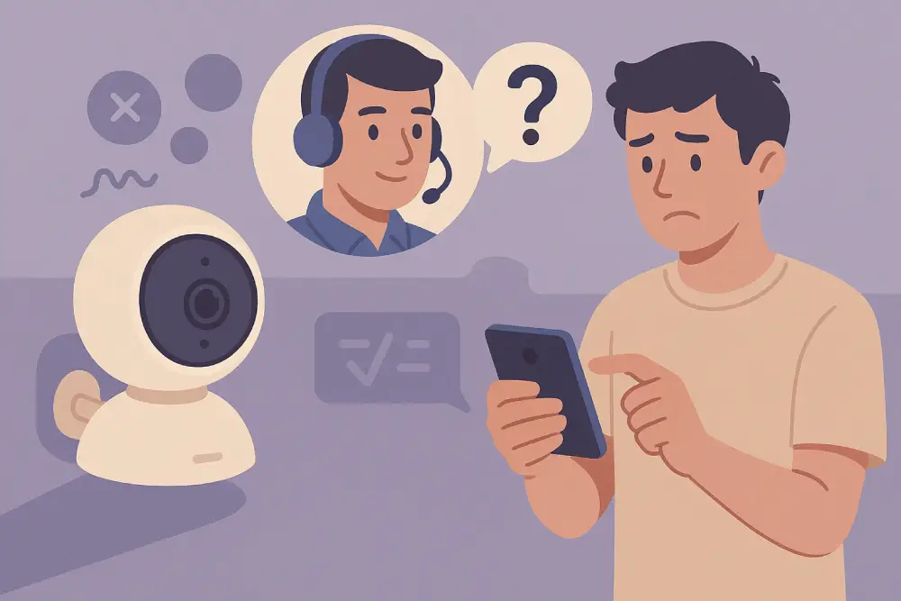 Ілюстрація: Користувач засмучений через проблему з Wi-Fi камерою та звертається до технічної підтримки. На екрані смартфона, який тримає чоловік, відображається діалог із фахівцем у гарнітурі (знак питання), що символізує необхідність дзвінка в сервіс. Поруч із камерою розташовані символи помилок (хрест) та успішного тесту (галочка).