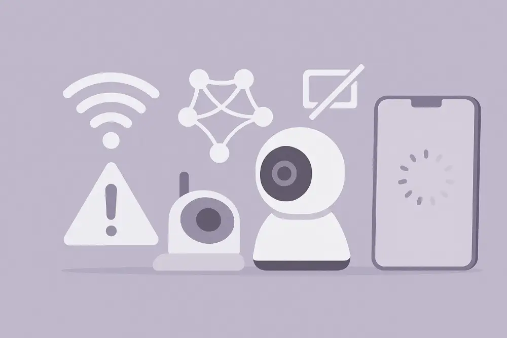 Ілюстрація: Проблема з підключенням Wi-Fi камер через перевантаження або неправильний канал. Зображено кілька камер безпеки, екран смартфона із завантаженням, перекреслений значок батареї/живлення та значок мережі (сітки). Великий значок Wi-Fi зі знаком оклику попереджає про помилку, пов'язану з якістю сигналу.