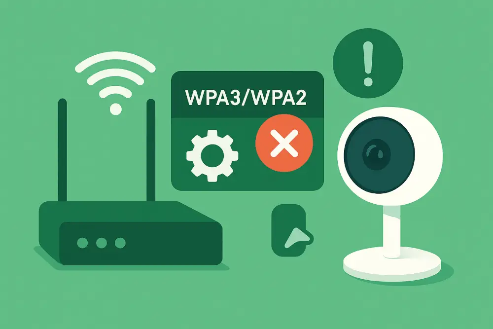Ілюстрація: Помилка підключення Wi-Fi камери через несумісний тип шифрування. Зображено роутер та IP-камеру поруч із діалоговим вікном "WPA3/WPA2" та великим червоним хрестом, що символізує відхилення з’єднання. Знак оклику над камерою підкреслює проблему.