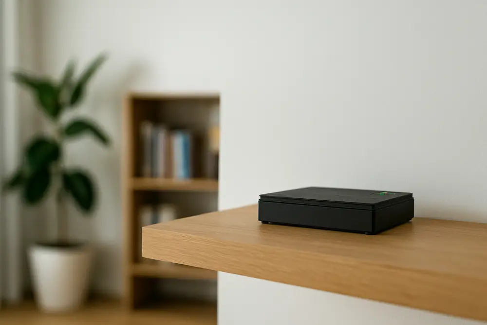 Чорний VIA Energy Mini UPS 3.0 на дерев’яній полиці в сучасній кімнаті з рослиною