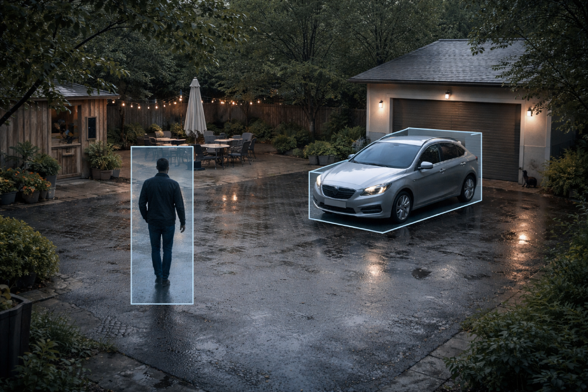 AI-відеоспостереження у приватному дворі: система коректно розпізнає людину та автомобіль, ігноруючи дощ і фонові рухи, приклад практичної AI-аналітики для дому.