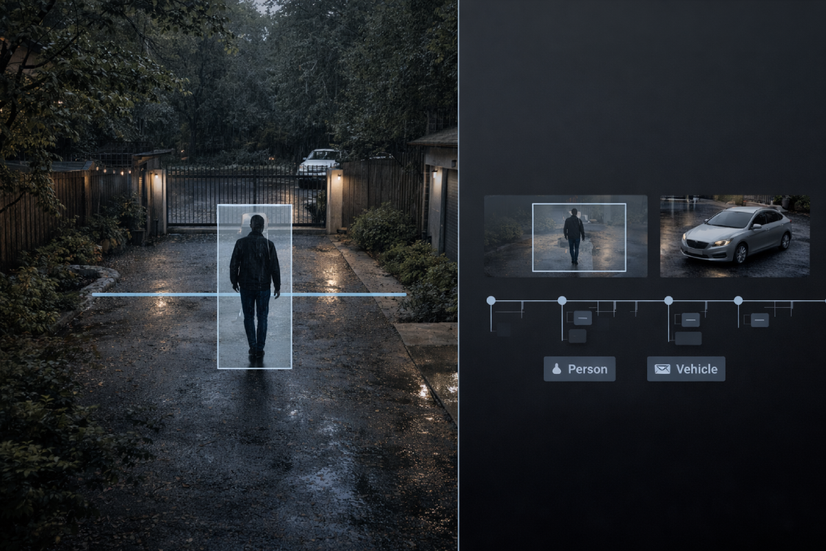 AI-відеоспостереження з фільтрацією подій: система виявляє людину у дворі та класифікує події за типами &laquo;людина&raquo; і &laquo;транспорт&raquo;, формуючи структурований архів без хибних тривог.