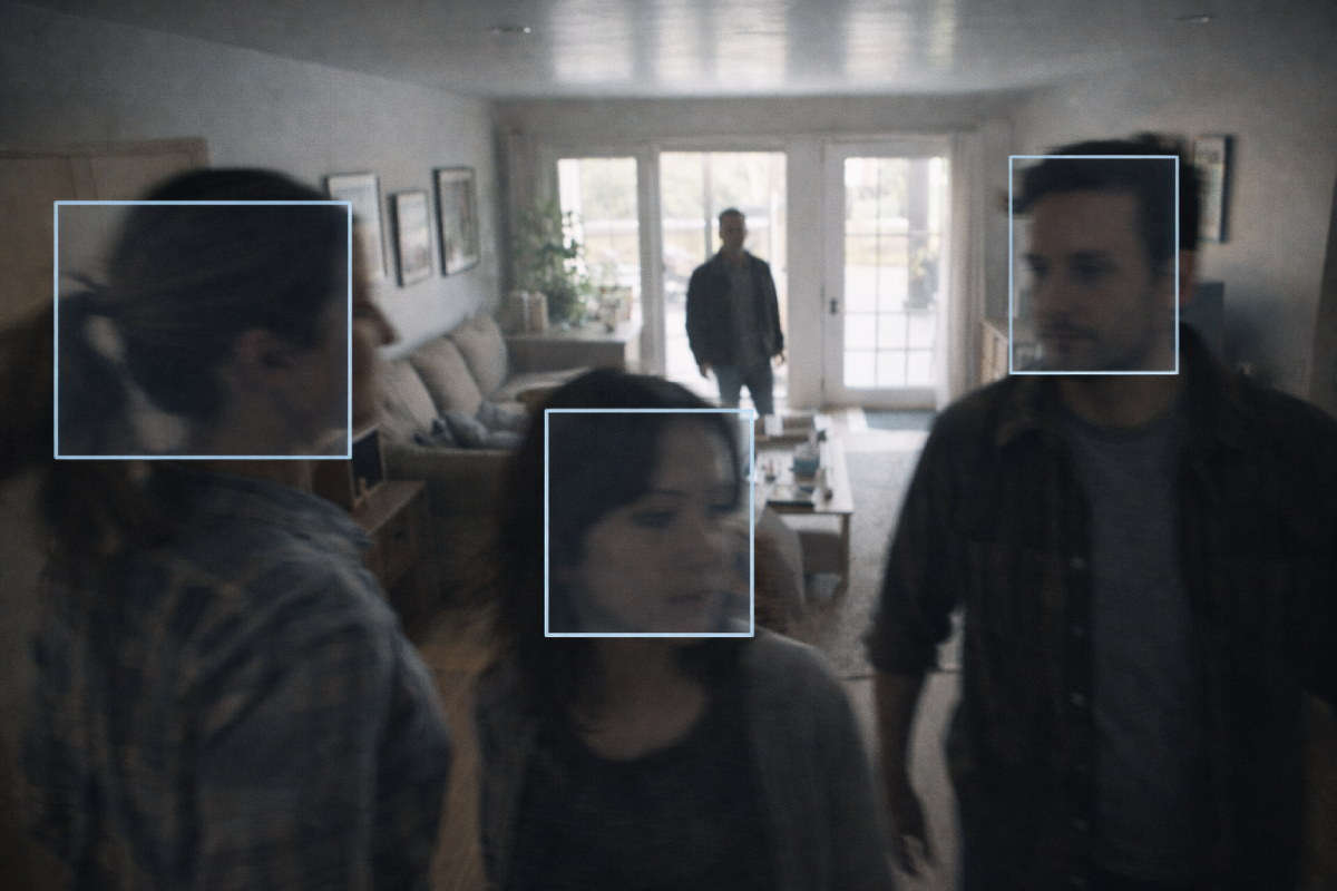 AI-відеоспостереження з розпізнаванням облич у приміщенні: камера фіксує та ідентифікує кількох людей у кімнаті, приклад аналітики, що потребує контрольованих умов і частіше використовується в бізнес-сценаріях.