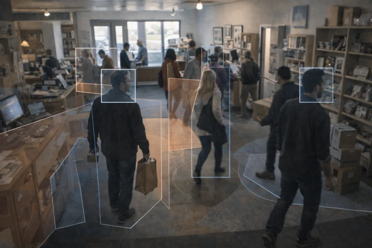 AI-відеоспостереження в офісі або магазині: система одночасно виявляє кількох людей, відстежує їх переміщення та формує структуровані події для контролю потоку відвідувачів і роботи з архівом.
