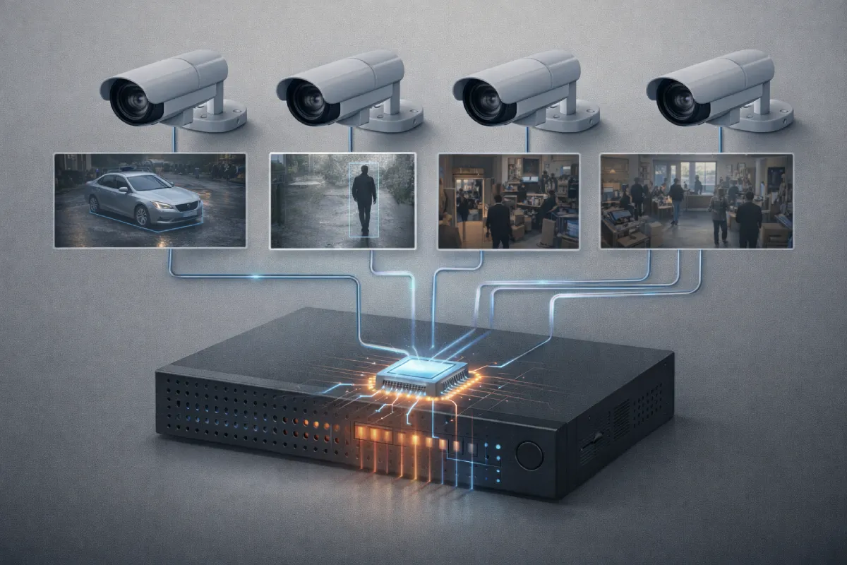 AI-відеореєстратор з підключеними камерами: система обробляє відеопотоки, виконує детекцію людини й транспорту та централізовано формує події й архів для дому, офісу та бізнесу.