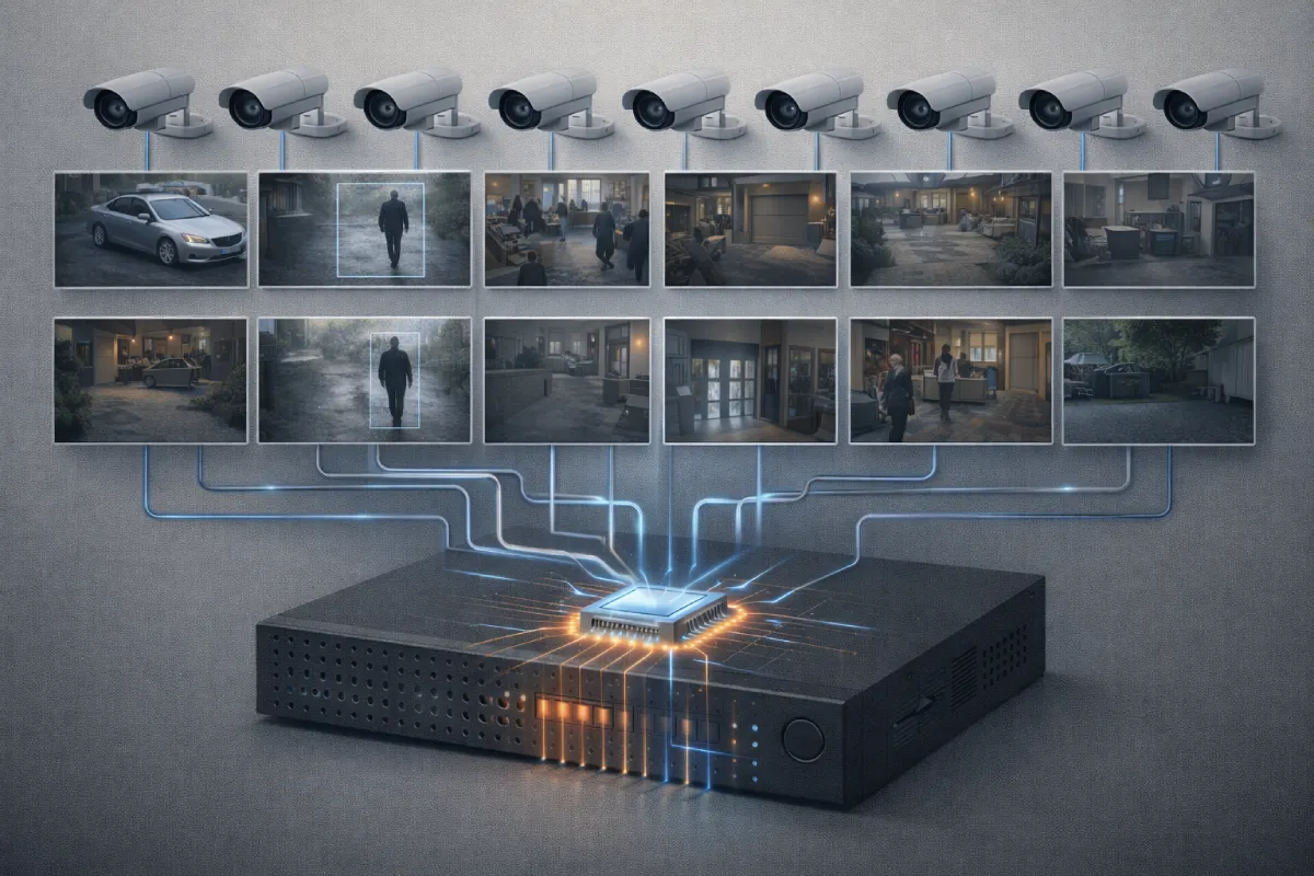 Централізована система AI-відеоспостереження: кілька камер передають відеопотоки на NVR, який виконує детекцію людей і транспорту, фільтрує події та формує структурований архів для дому й бізнесу.