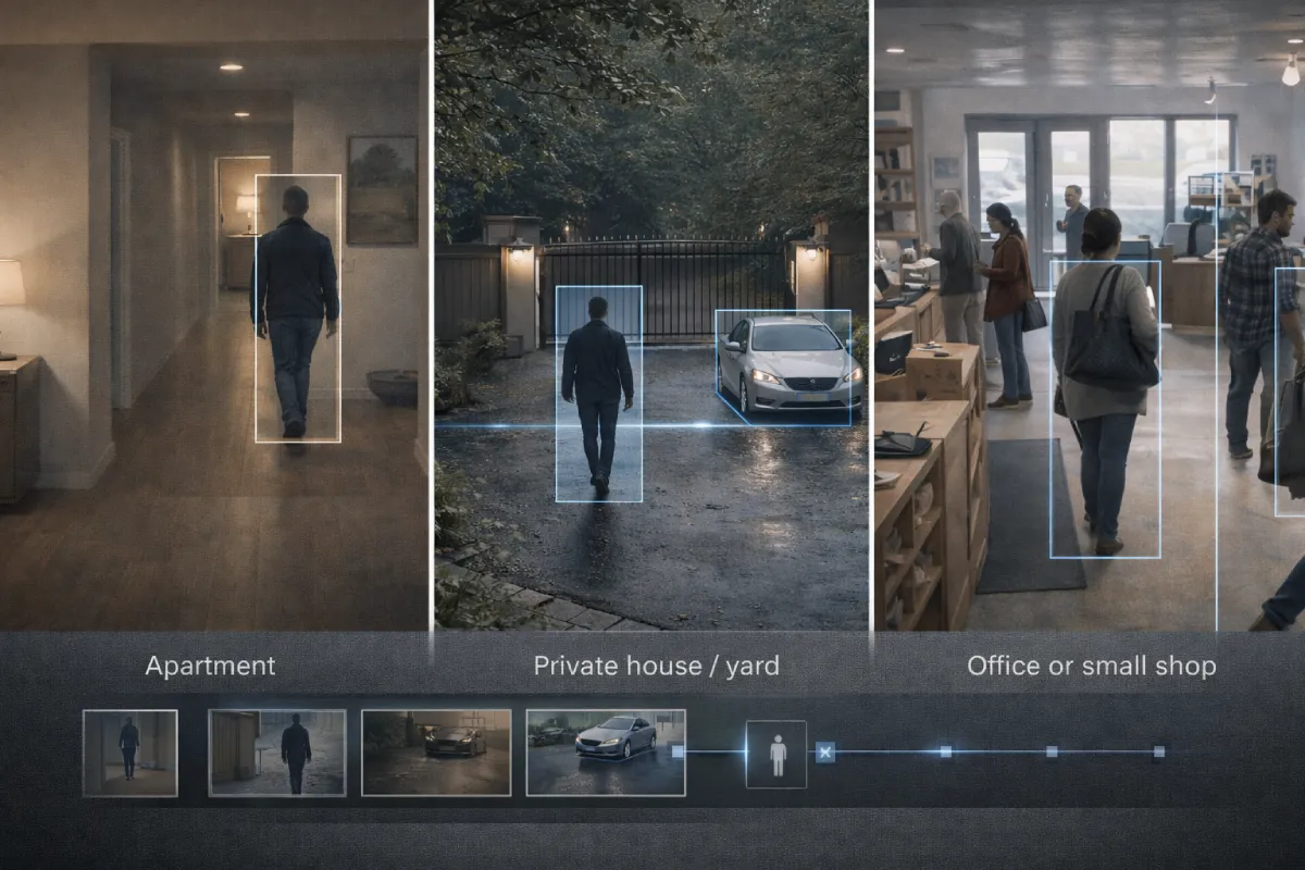 Порівняння AI-відеоспостереження для різних сценаріїв: квартира, приватний будинок і двір, офіс або невеликий магазин &mdash; система коректно виявляє людей і транспорт, фільтрує події та адаптується до реальних умов використання.