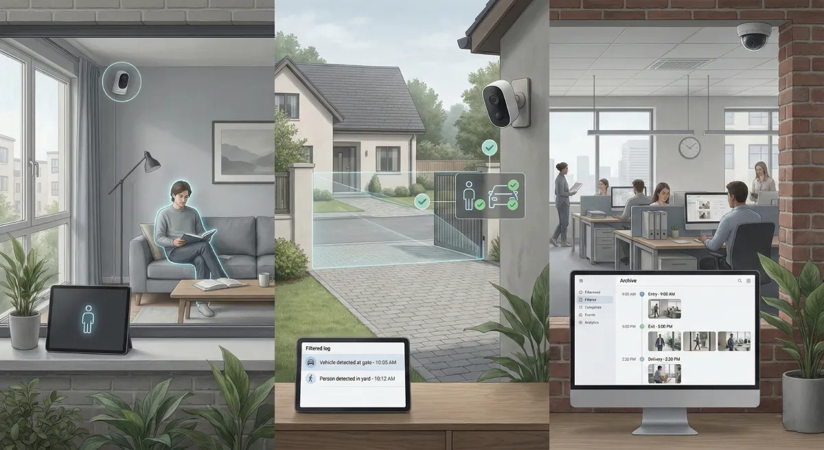 Практичне AI-відеоспостереження у трьох сценаріях: квартира, приватний будинок і офіс &mdash; камери коректно визначають людей і транспорт, фільтрують події та відображають зручний архів без зайвої аналітики.