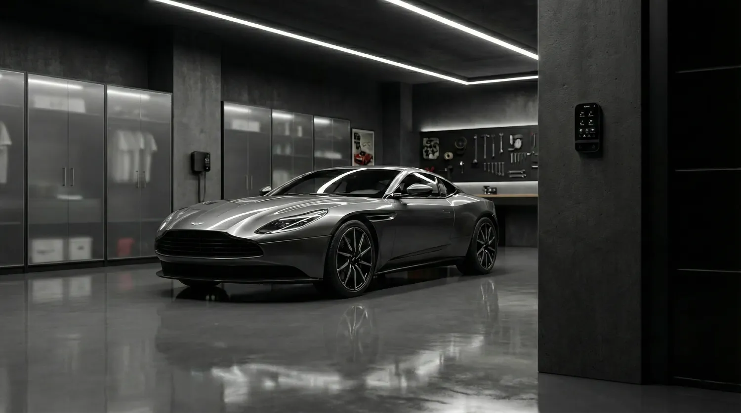 Сенсорна клавіатура системи безпеки Ajax у сучасному гаражі з преміальним автомобілем. Керування охороною та автоматизацією розумного дому в одному пристрої.