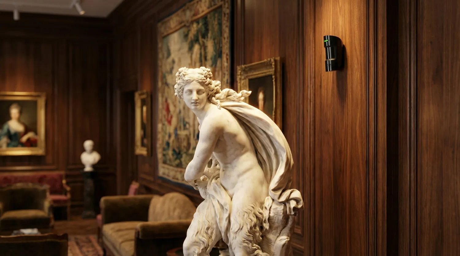 Бездротовий датчик руху Ajax Superior органічно вписаний у класичний інтер'єр музею поруч із мармуровою статуєю. Монтаж без пошкодження стін.