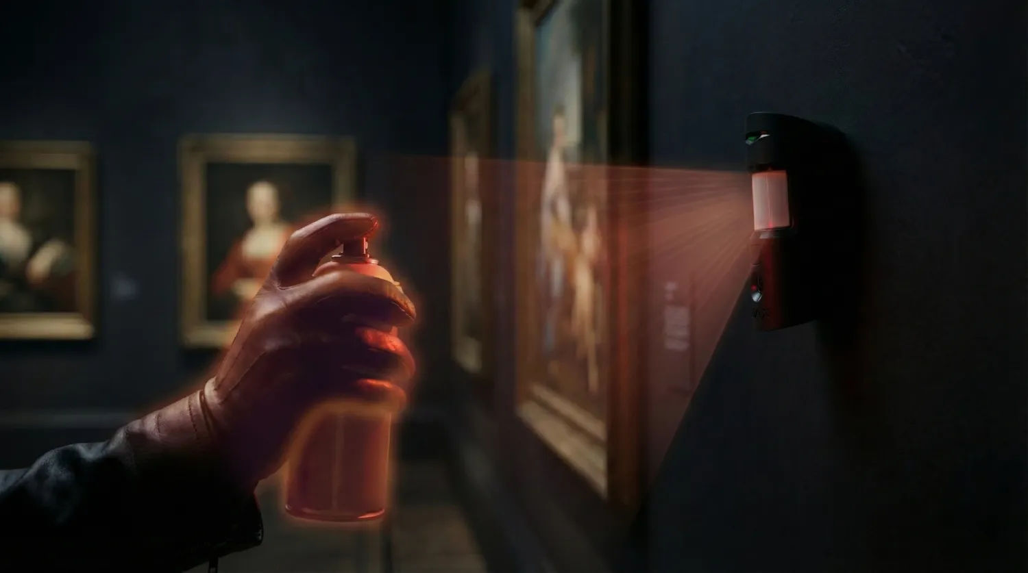 Демонстрація функції антимаскінгу в датчиках Grade 3: пристрій Ajax миттєво фіксує спробу зловмисника зафарбувати лінзу аерозолем.