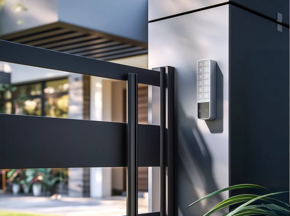 Беспроводная клавиатура Ajax KeyPad Outdoor Jeweller с цифровыми кнопками и RFID-сканером, установленная на столбе возле современных ворот частного дома с растениями и садом на фоне