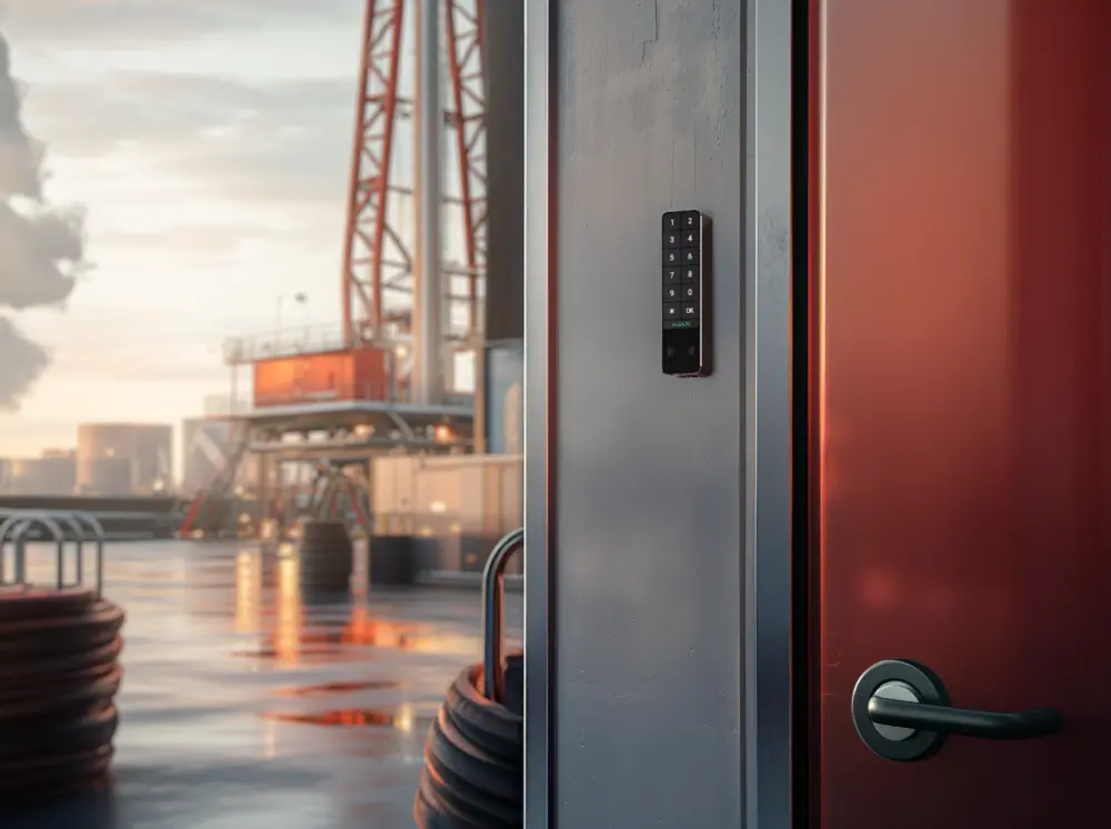 Беспроводная клавиатура Ajax KeyPad Outdoor Jeweller с цифровыми кнопками, RFID-сканером и кнопкой OK, установленная на дверях на фоне нефтеперерабатывающего завода с кранами и резервуарами на закате солнца
