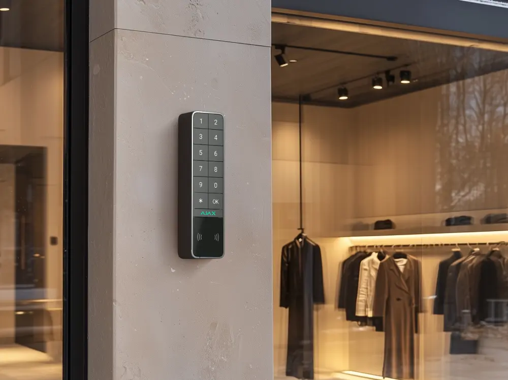 Внешняя беспроводная клавиатура Ajax KeyPad Outdoor Jeweller для управления системой безопасности, с цифровыми кнопками, RFID-сканером и кнопками OK/✱/#, установленная на стене у входа в современный магазин одежды
