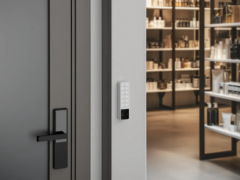 Беспроводная клавиатура Ajax KeyPad Outdoor Jeweller с цифровыми кнопками и RFID-сканером, установленная на дверях магазина косметики с полками и продукцией на фоне