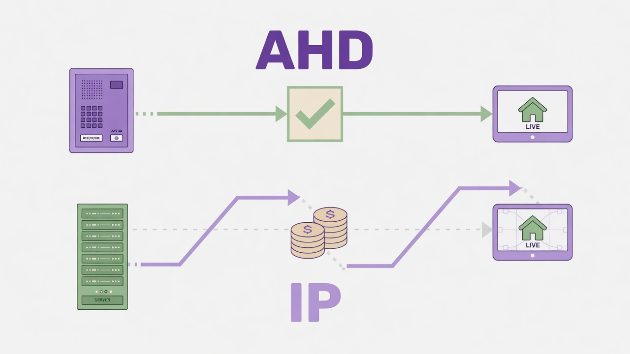 Порівняння складності підключення відеодомофонів до під'їзної панелі: проста схема AHD з адаптером проти складної та дорогої IP-системи