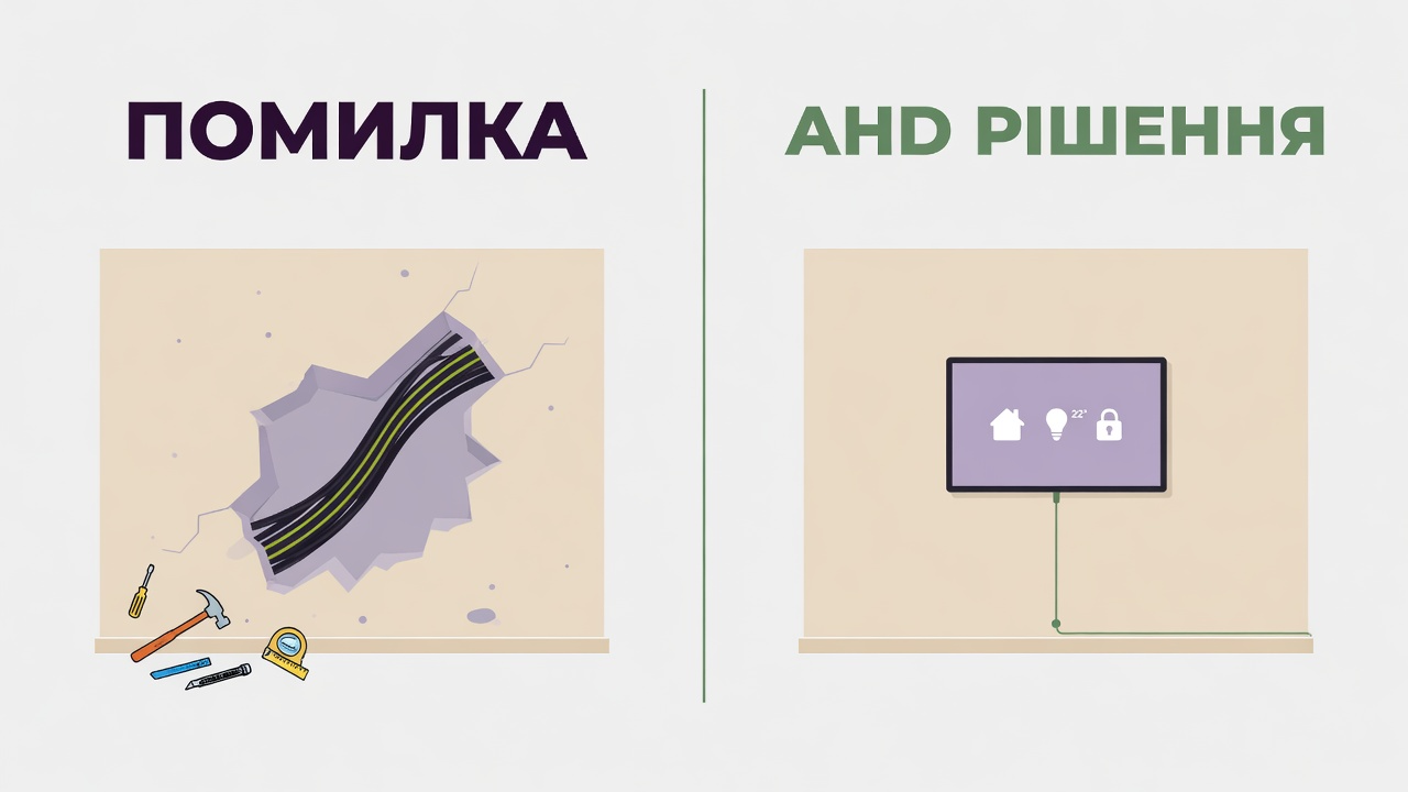 Наслідки помилки з кабелем при встановленні відеодомофона: пошкоджена стіна з новим дротом проти чистого монтажу AHD на стару проводку