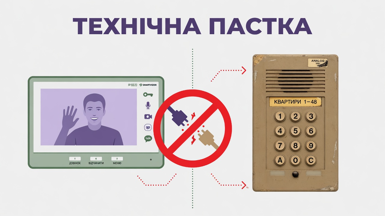Візуальна метафора технічної пастки: несумісність сучасного преміального IP-відеодомофона та старої багатоквартирної аналогової панелі виклику
