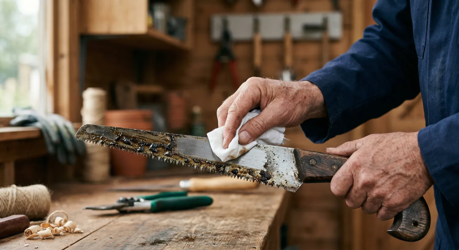 Досвідчені руки майстра очищують полотно садової пили від деревної смоли за допомогою серветки у майстерні &mdash; обов'язковий етап догляду після обрізки хвойних дерев для зменшення тертя та збереження ресурсу полотна.