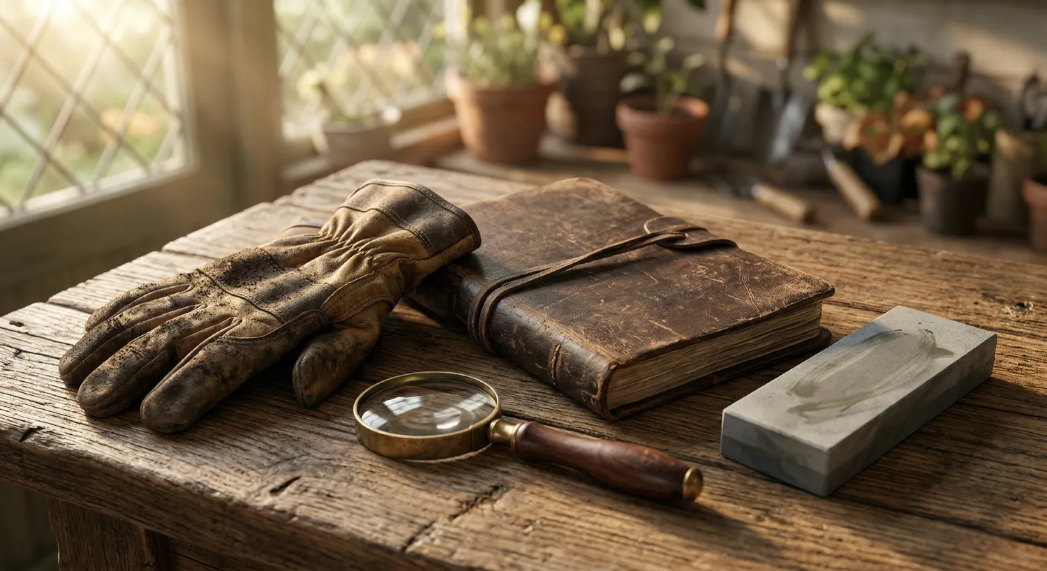 Старий, потертий шкіряний журнал садівника, робочі рукавички, лупа та точильний камінь на рустикальному дерев'яному столі &mdash; символи експертного знання та правильного догляду за інструментами, що обговорюються в розділі FAQ.