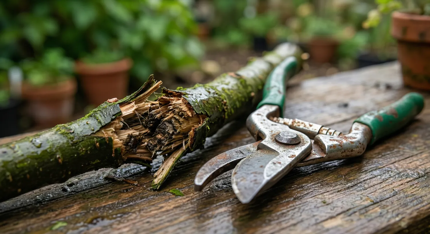 Рваний зріз на товстій гілці дерева та деформований іржавий секатор на дерев'яному фоні &mdash; результат використання невідповідного інструменту, що призводить до пошкодження капілярів рослини.