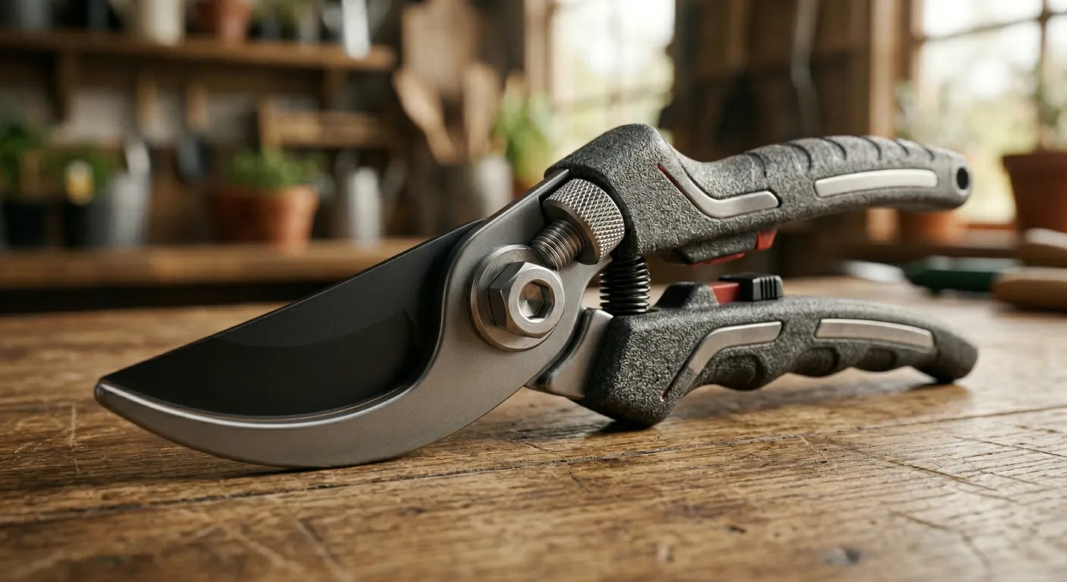 Професійний садовий секатор із загартованої сталі з PTFE-покриттям та ергономічним руків'ям на дерев'яному верстаку &mdash; приклад якісного інструменту для весняної обрізки саду.