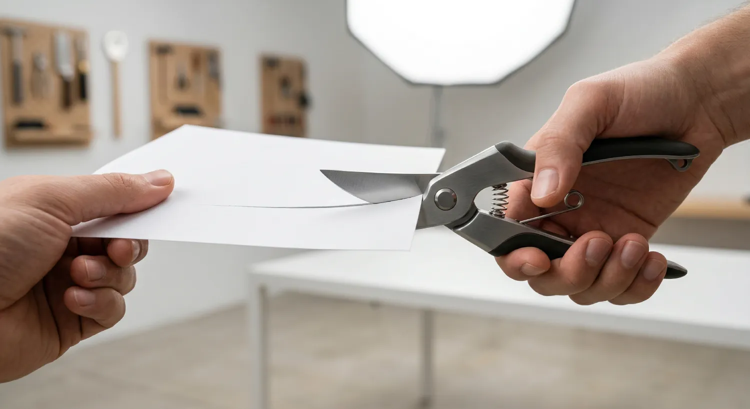 Перевірка гостроти садового секатора за допомогою тесту на папері А4: лезо робить ідеально рівний зріз без розривів, що підтверджує готовність інструменту до безпечної обрізки дерев без ризику інфекцій.