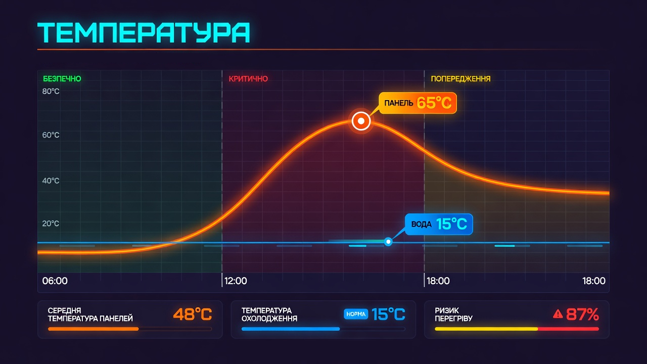 График температурного режима солнечных панелей в течение дня: критический нагрев поверхности до 65&deg;C в обед, безопасная температура воды для мытья 15&deg;C и зоны риска термического удара.