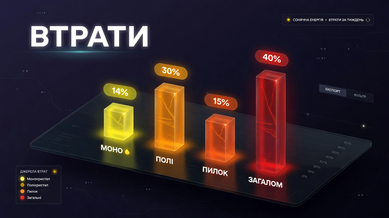 Инфографика потерь мощности солнечных панелей из-за загрязнения: монокристаллические (14%), поликристаллические (30%), весенняя пыльца (15%) и общие потери энергии без обслуживания (до 40%).