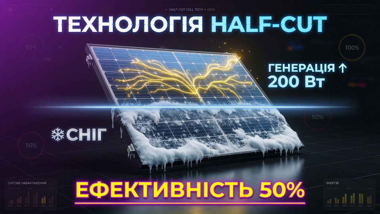Инфографика работы half-cut солнечной панели под снегом: при затенении нижней половины массив сохраняет 50% эффективности и генерирует 200 Вт благодаря независимым подгруппам ячеек и байпасным диодам.
