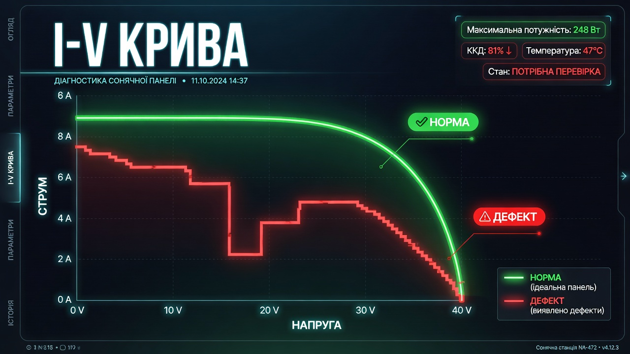 График I-V кривой (вольт-амперной характеристики) солнечной панели: сравнение нормы (плавная линия) и дефекта со &laquo;ступеньками&raquo;, что свидетельствует о деградации или неисправности байпасных диодов.