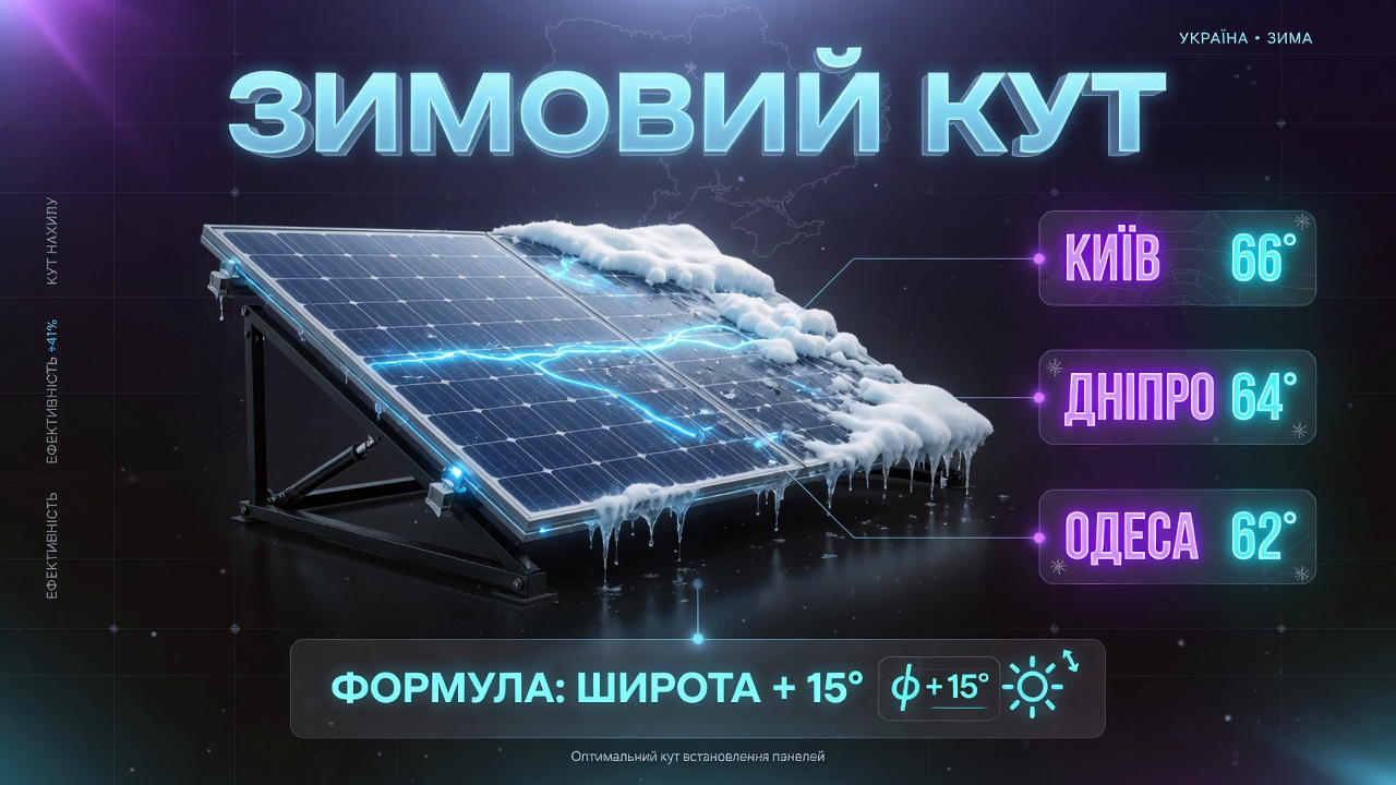 Инфографика зимнего угла солнечных панелей для Украины: Киев 66&deg;, Днепр 64&deg;, Одесса 62&deg;. Формула: широта + 15 градусов для самоочищения от снега