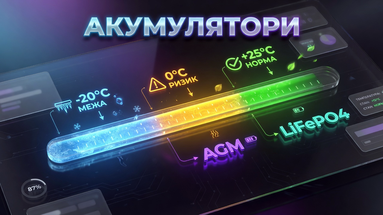 Инфографика температурных режимов для аккумуляторов LiFePO4 и AGM: оптимальная работа при +25&deg;C, зона риска при 0&deg;C и критическая граница разряда при -20&deg;C.